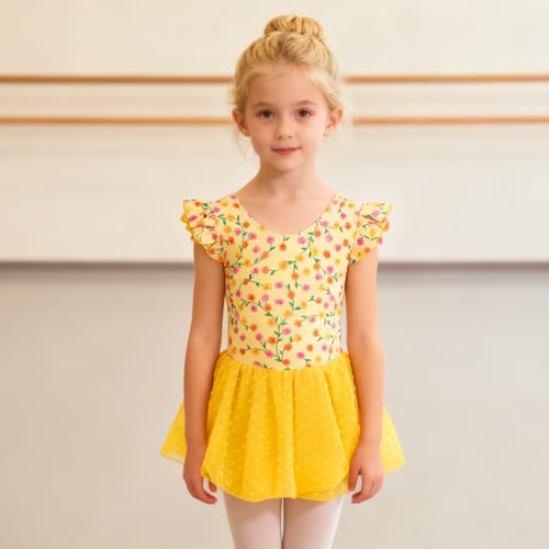 Funnycokid Girl Ballet Leotard 5T Flower Yellow Dance Costume