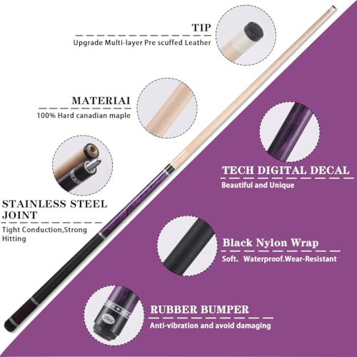 Kuntu Yimu 20oz Purple Pool Cue Stick with Case, 12.5mm Tip, Maple, Black Linen Wrap