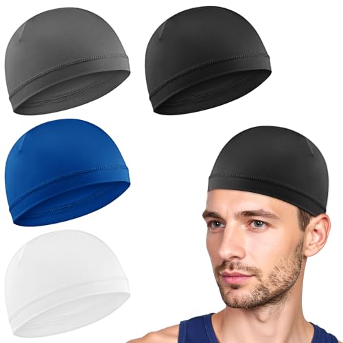 4pcs Breathable Skull Caps - Thin Sleep Hats & Running Beanies - Black, White, Dark Gray, Royal Blue