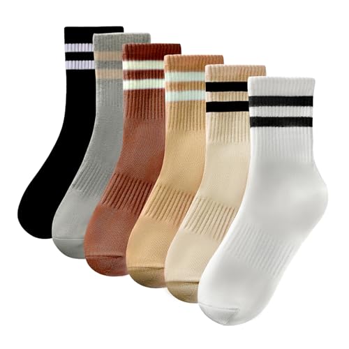 Women's Striped Cotton Crew Socks - 6-Pair Set - White, Beige, Black, Grey, Brown, Coffee