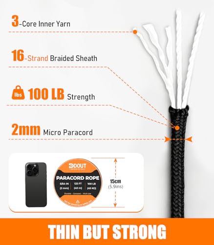 2mm Micro Paracord Rope - Black, 125 ft Braided Cord