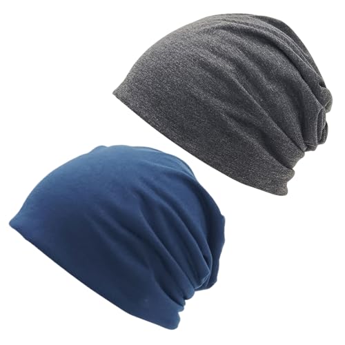Cotton Slouchy Beanie Hat - Chemo Headwear for Night Use - Grey + Navy Blue