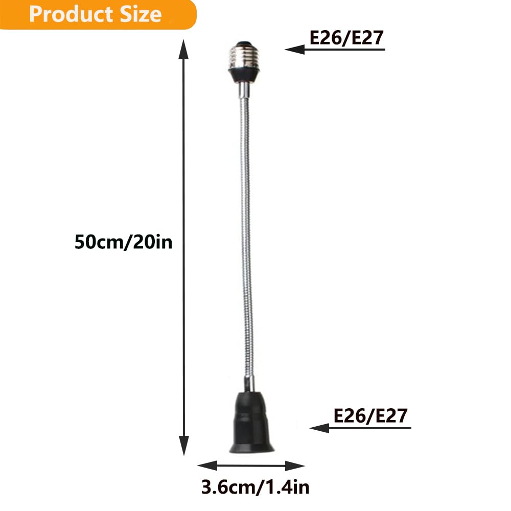 E26/E27 40cm/16 inch Extension Socket Extender Adapter, E26 to E26 Flexible Extension, All-Directional Adjustable Standard Medium Light Bulb Socket Converter,Black (2 Pack)