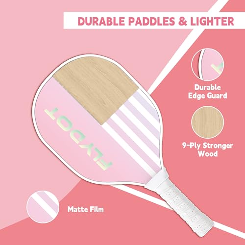Flydot Pink Pickleball Paddles Set of 4 with Balls & Carrying Bag - Indoor & Outdoor