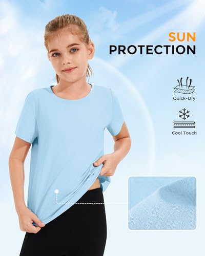 Girls Athletic T-Shirt - Split Open Back, Quick Dry, Blue, 7-8 Years