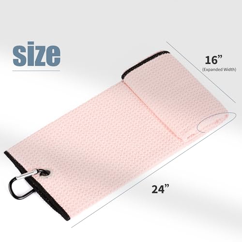 Tri-Fold Golf Towel - 16" x 24" Microfiber with Carabiner Clip - Pink