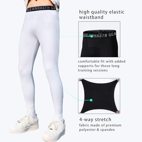 Youth Boys Compression Pants - Athletic Leggings 2 Pack - Large Blue White