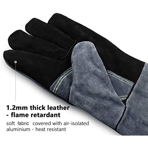 932¢µ Grill BBQ Gloves 16-inch Heat Resistant Leather Forge Welding Glove with Flame Retardant Long Sleeve and Insulated Lining for Men and Women Black-Gray