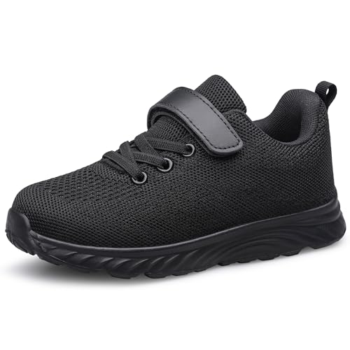 YHOON Little Kid Black Sports Sneakers for Boys Girls - Toddler & Kids Running Shoes