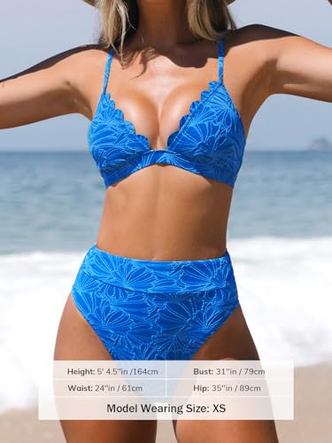 CUPSHE High-Waisted Scalloped Bikini Set for Women - Medium Sapphire Blue