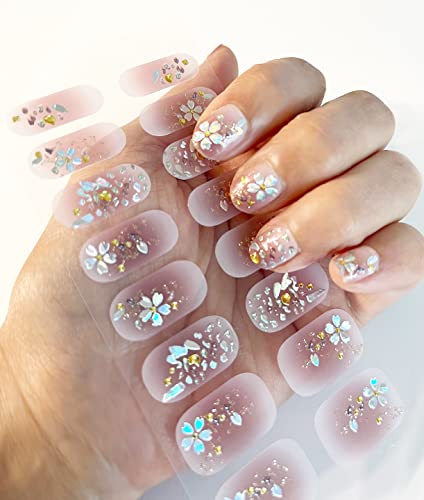 Self-Adhesive Blush Pink Nail Wraps with Holographic Flowers