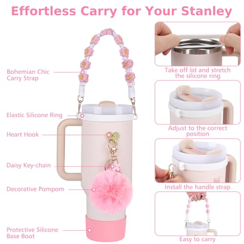 6PCS Stanley Cup Accessories Set - Pink Handle Strap & Charms