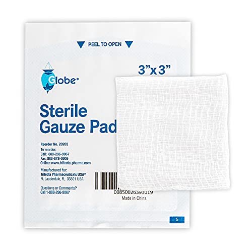 Globe Sterile Gauze Pads 3x3 Inches, 12-Ply Cotton, Individually Packaged, 100 Count