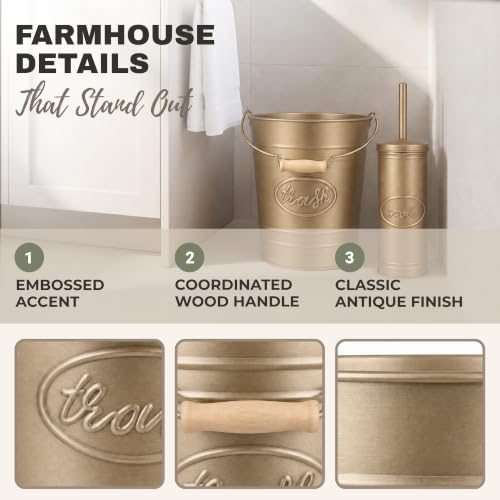 Autumn Alley Rustic Farmhouse Bathroom Trash Can & Toilet Brush Set - Antique Gold, 2 Gal.