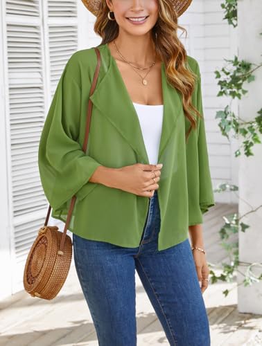 Chiffon Kimono Cardigan - Loose Open Front Bolero - Large Deep Green