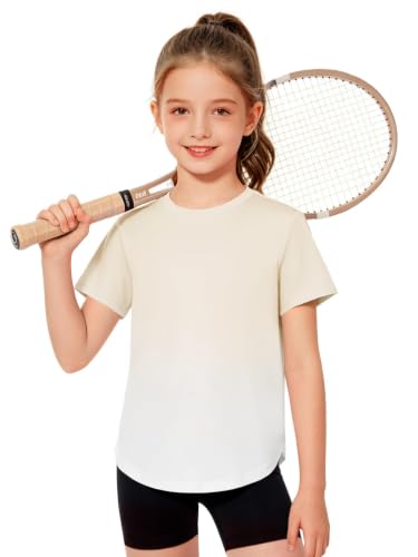 Girls Gradient Athletic Shirt - Short Sleeve Quick Dry Tee, Beige, 7-8 Years