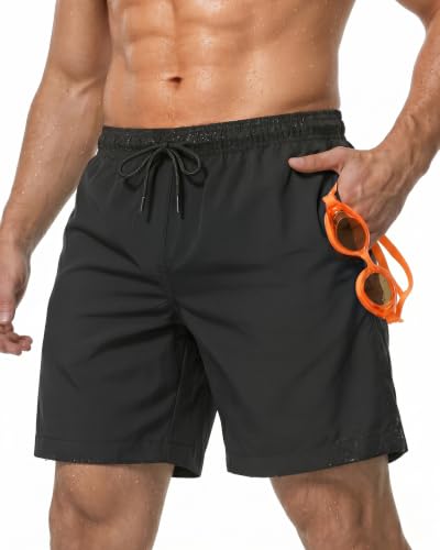 Quick-Dry Men's Swim Trunks - Mesh Liner, 7" Inseam, Black, Large