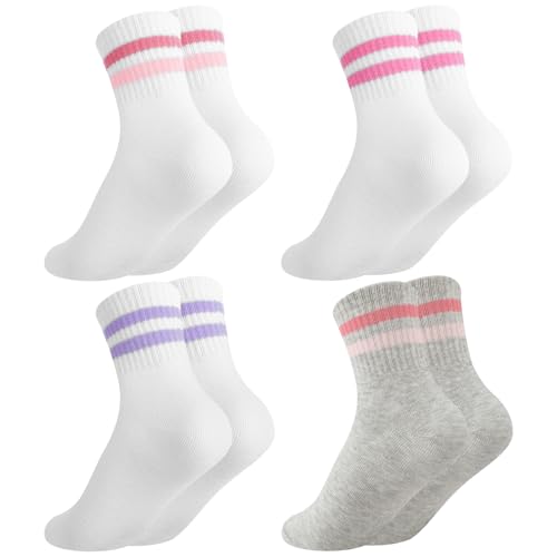 Girls' Hearts Striped Cotton Socks - 4 Pairs, Pink/Red/Purple, 6-9 Years