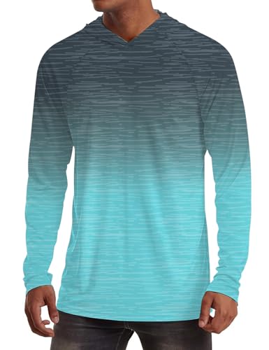 iWoo Men's UPF 50+ Sun Protection Hoodie Large Blue Gradient Black - Quick Dry UV Shirt for Fishing & Hiking