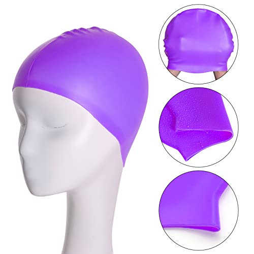 Kids Silicone Swim Cap - 2 Pack Waterproof Bath Caps for Ages 3-15 - Rose Red & Purple