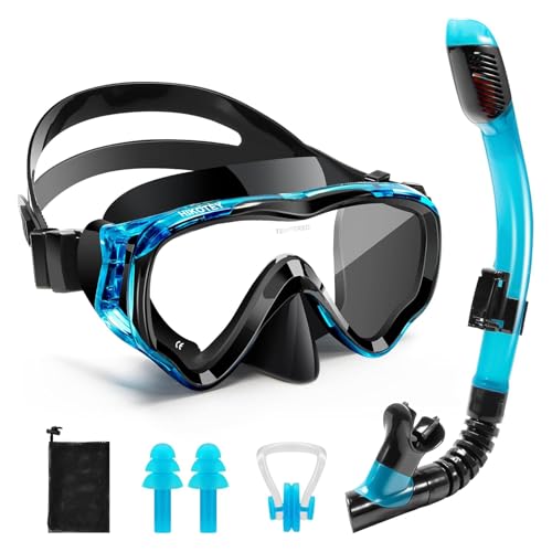 Snorkeling Set for Kids & Adults - Full Dry Mask Gear - Blue+Black