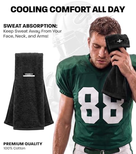 Football Towel with Hook & Loop Fastener - Black | QB Towel for Sweat Absorption