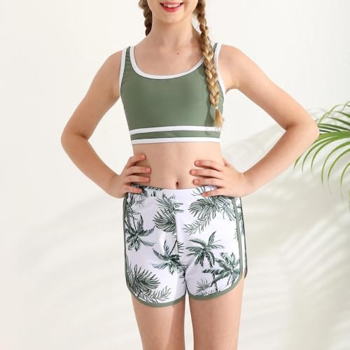 High Waist Color Block Bikini Set with Shorts - Green Palm, 10 Years