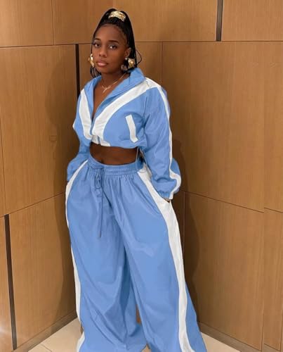 Ophestin Women’s Two-Piece Track Set - Light Blue Bomber Jacket & Wide-Leg Pants XX-Large
