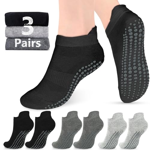 Grip Socks for Women & Men - Non-Slip Yoga & Pilates - Medium, 3 Pairs - Black/Dark Grey/Light Grey