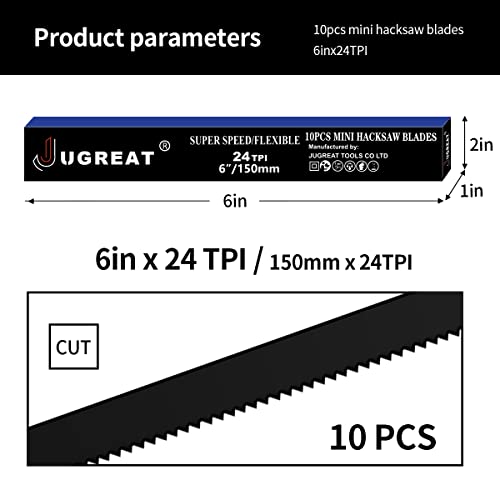 JUGREAT Professional Steel Mini Hacksaw Blades 6" / 150mm Length(24T 10 Pack), High Speed Steel Grounded Medium Teeth