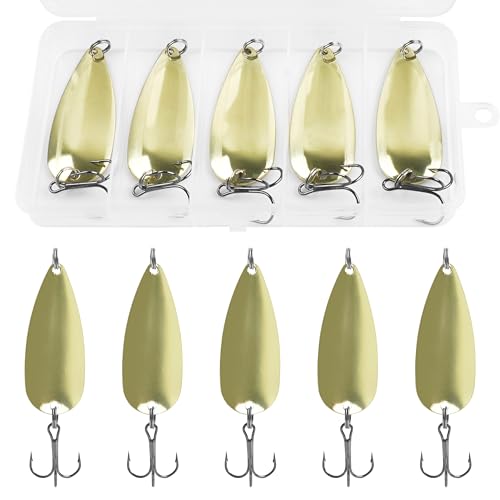 Gold Metal Fishing Spoons Lures Kit - 5pcs, 1/8oz for Trout, Bass & Pike