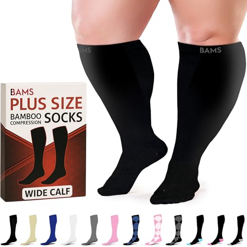BAMS Plus Size Compression Socks Wide Calf XL 3X-Large Black Graduated Knee-High Support Bamboo Viscoose