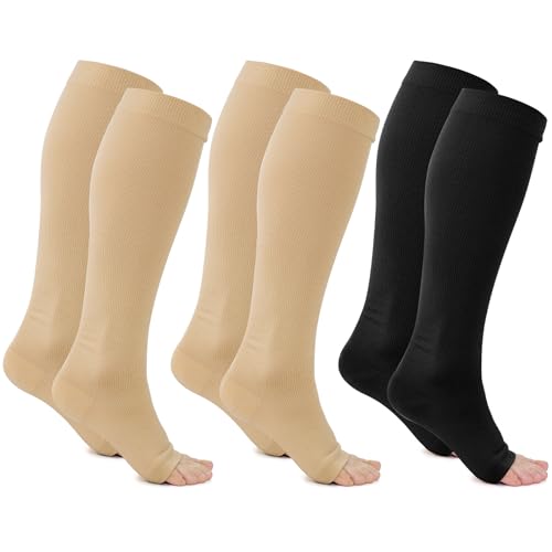 Compression Knee High Open Toe Support Socks - 3 Pairs, Large, Nude/Black