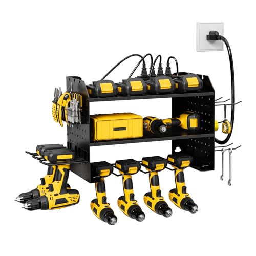 HOEMASY Power Tool Organizer Wall Mount, 3-Tier with 4 Outlet Charging Station | 100lbs Load Heavy Duty Garage Storage Rack for Drills, Batteries, Tools | Gift for Men, Dad, Workshop & Pegboard Black