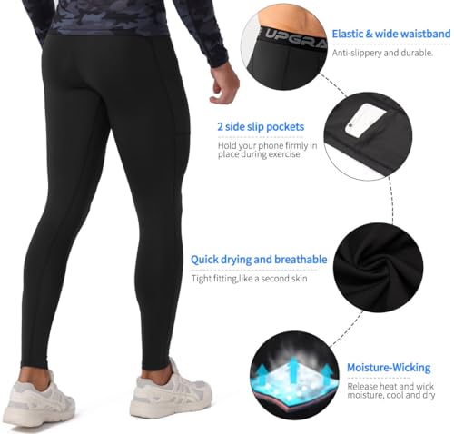 Men's Compression Workout Pants - Quick Dry Thermal Leggings - Black, XX-Large