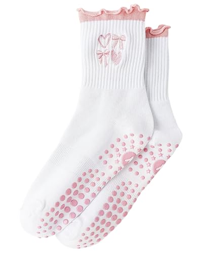 Non-Slip Ruffle Pilates Grip Socks - One Size Pink Heart