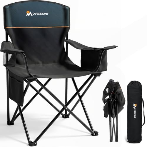Overmont Lightweight Camping Chair with 3-Can Cooler, Black & Navy, 250 lb Capacity