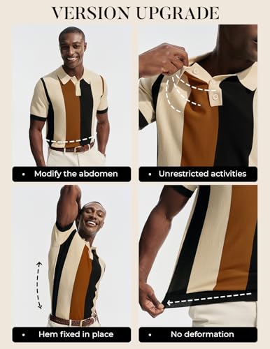 Mens Knit Polo Shirt Large Apricot Vintage Striped Short Sleeve Casual Top