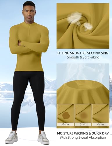 Men's Quarter Zip Workout Pullover - Dry Fit Long Sleeve Compression Tee - Turmeric, Medium