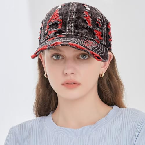 YeeHeen Red Distressed Washed Denim Baseball Cap - One Size Strapback