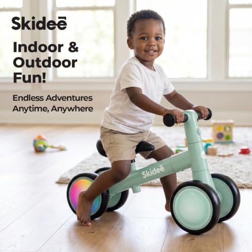 SKIDEE Phthalo Green Toddler Balance Bike with LED Light Wheels, Adjustable & 4-Wheel Stability