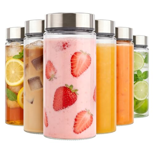 Cafezi 16 oz Wide Mouth Glass Juice Bottles with Stainless Steel Lids - Clear 6 Pack