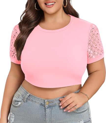 Plus Size Crop Top - Summer Lace Short Sleeve Athletic Tee - Light Pink / 1X