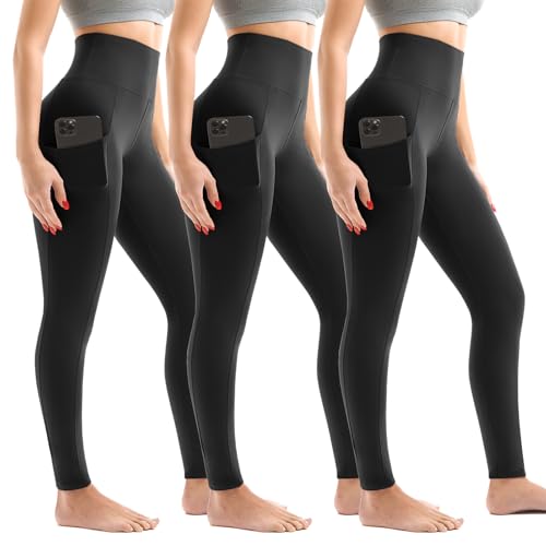 Walifrey Leggings with Pockets for Women – 3 Pack, High Waist, Full Length, Black (XL)
