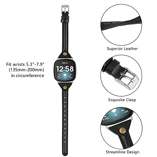 Minyee Black Leather Versa 4/Versa 3/Sense 2/Sense Watch Band – Slim, Anti-Slip Strap
