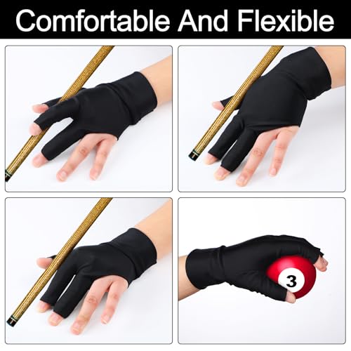 3-Finger Billiard Pool Gloves - Left Hand, 8 Pcs, Black