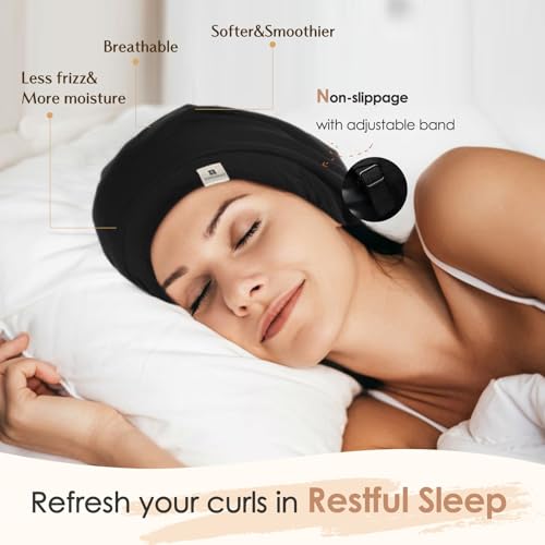 Slouchy Beanie Hat Satin Lined Sleep Cap for Men & Women - Adjustable, Breathable, Black