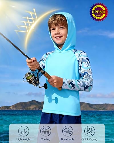 Boys UPF 50+ Rash Guard Swim Hoodie - Long Sleeve Fishing Shirt