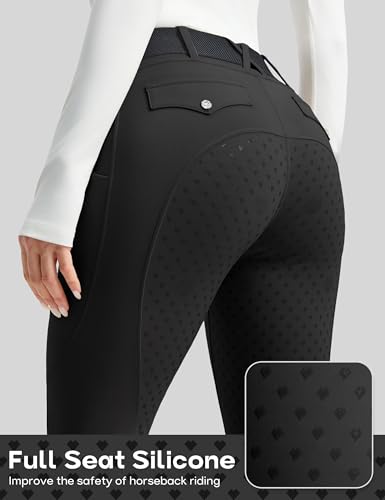 High Waist Horse Riding Pants - Full Seat Breeches with Pockets - Black, Medium