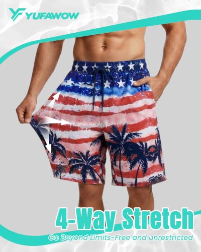 Yufawow Men's 9 Inch Navy Star Swim Trunks with Mesh Lining, Quick Dry Beach & Pool Shorts, Large